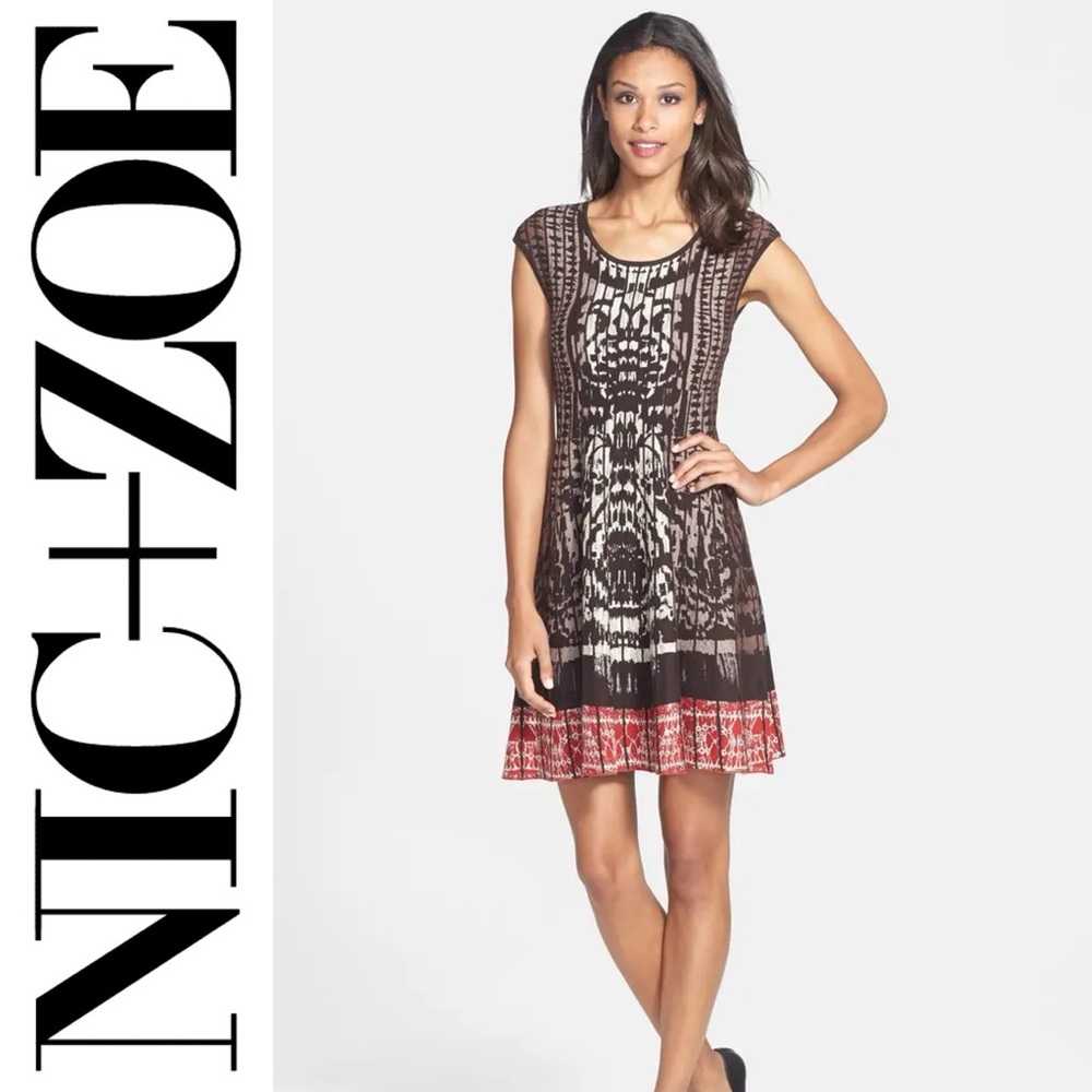 NIC+ZOE Women's Patterned Brown and Red Mini Dress Sz. M